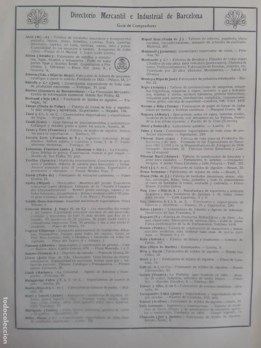 Collectionnisme d'affiches: DIRECTORIO MERCANTIL E INDUSTRIAL DE BARCELONA GUIA DE XOMPRADORES HOJA A&Ntilde;O 1914