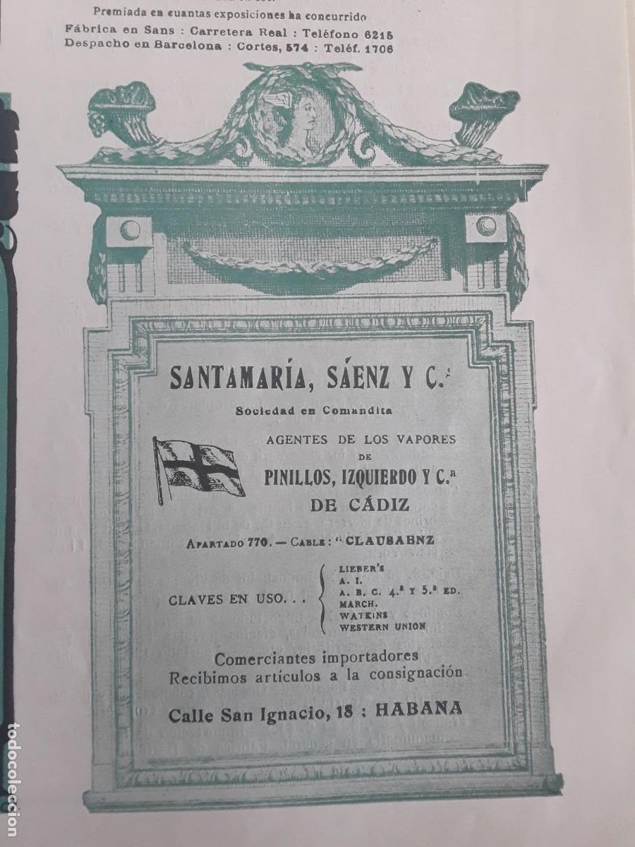 Collectionnisme d'affiches: SANTAMARIA SAENZ Y C* AGENTES VAPORES PINILLOS IZQUIERDO DE CADIZ LA HABANA CUBA HOJAS A&Ntilde;O 1914