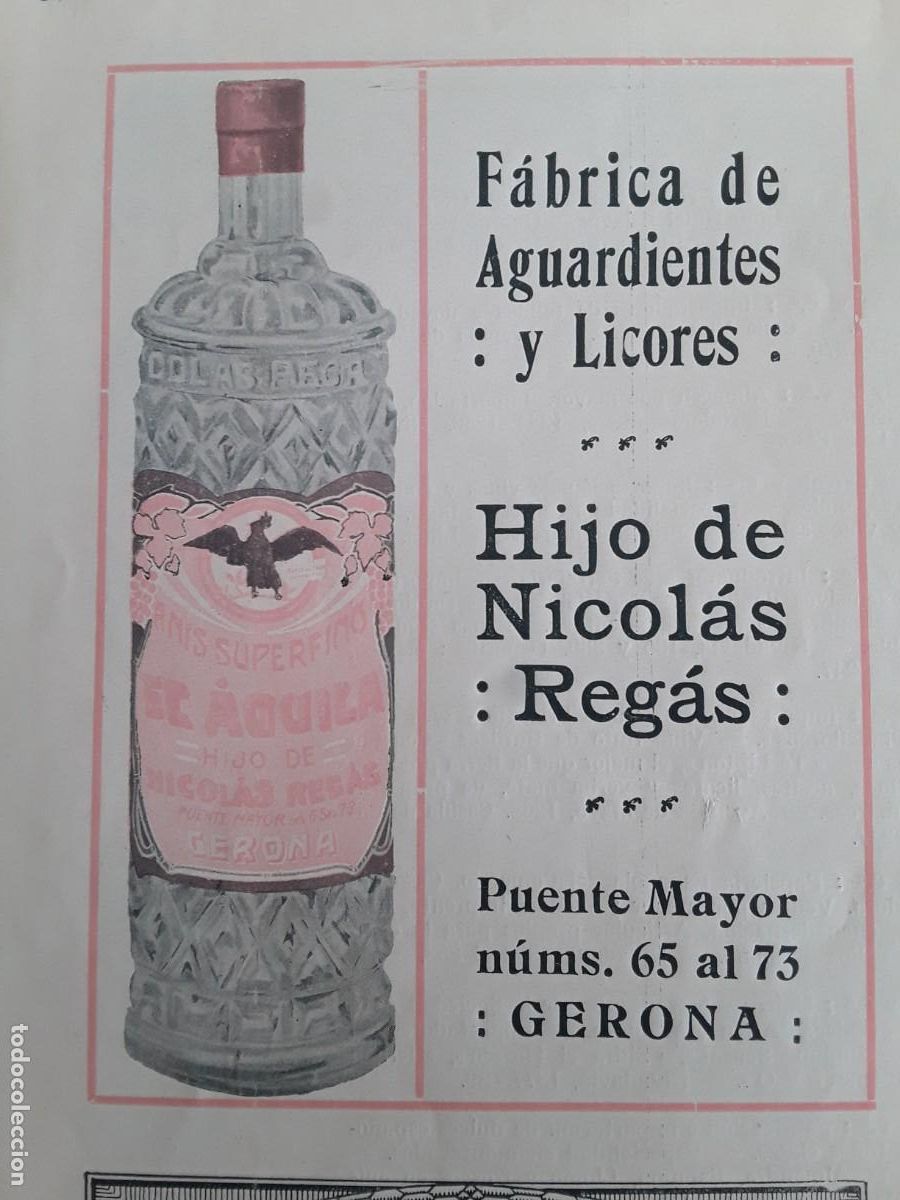 Coleccionismo de carteles: FABRICA DE AGUARDIENTES Y LICORES HIJO DE NICOLAS REGAS GERONA GIRONA HOJA A&Ntilde;O 1914
