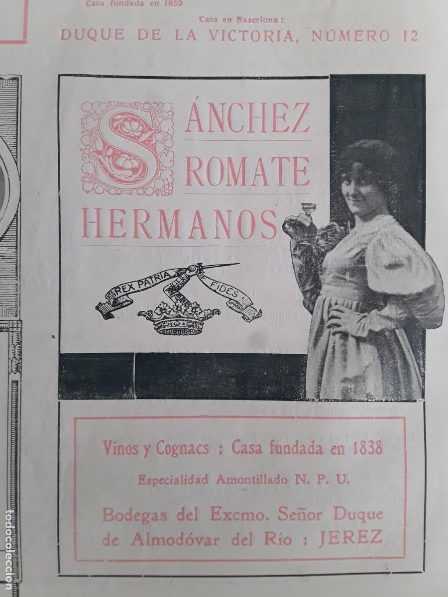 Coleccionismo de carteles: SANCHEZ ROMATE HERMANOS BODEGAS DUQUE DE ALMODOVAR DEL RIO JEREZ FRONTERA AMONTILLADO HOJA A&Ntilde;O 1914