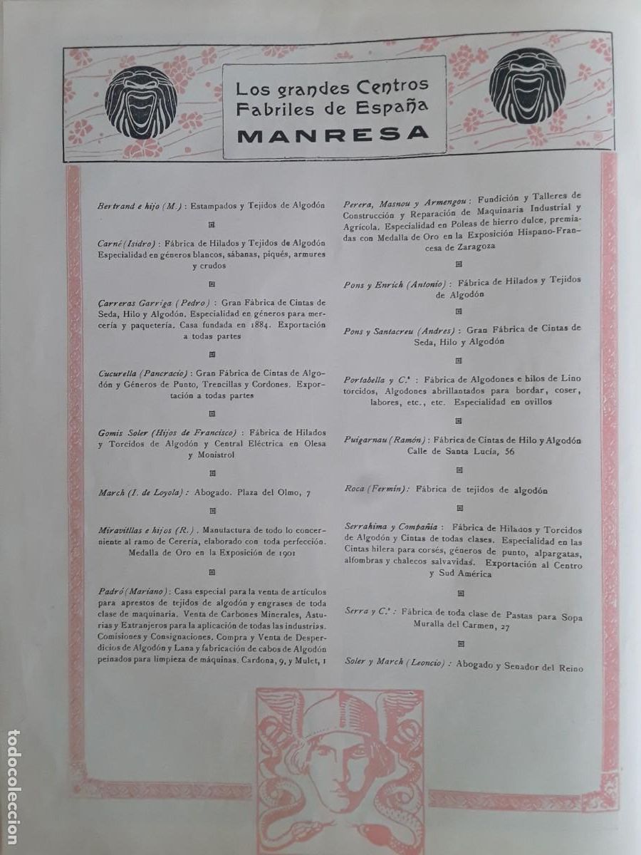 Coleccionismo de carteles: LOS GRANDES CENTROS FABRILES DE MANRESA EMPRESAS FABRICAS HOJA A&Ntilde;O 1914