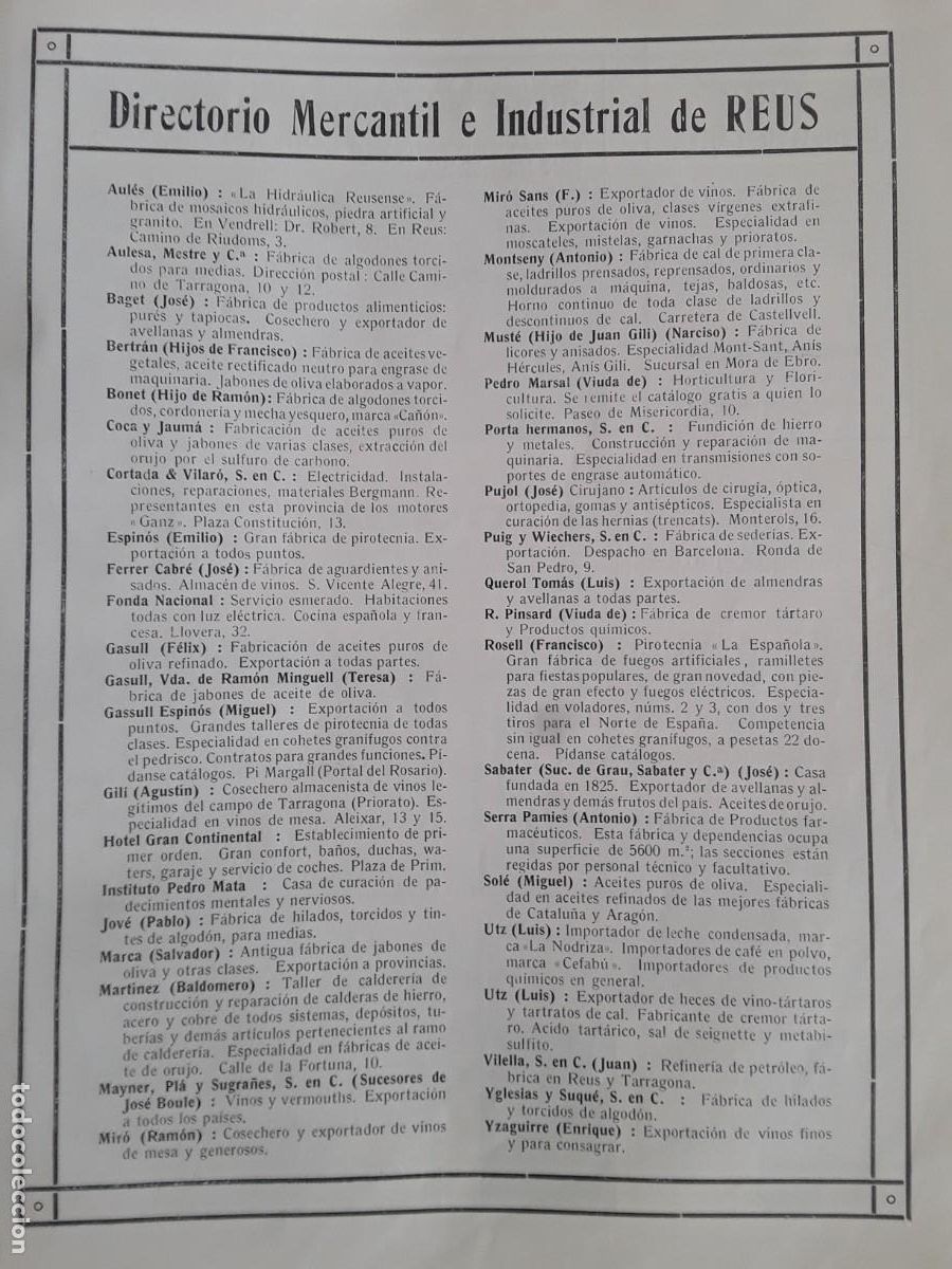 Coleccionismo de carteles: DIRECTORIO MERCANTIL E INDUSTRIAL DE REUS PRINCIPALES INDUSTRIAS EMPRESAS FABRICAS 2 HOJA A&Ntilde;O 1914