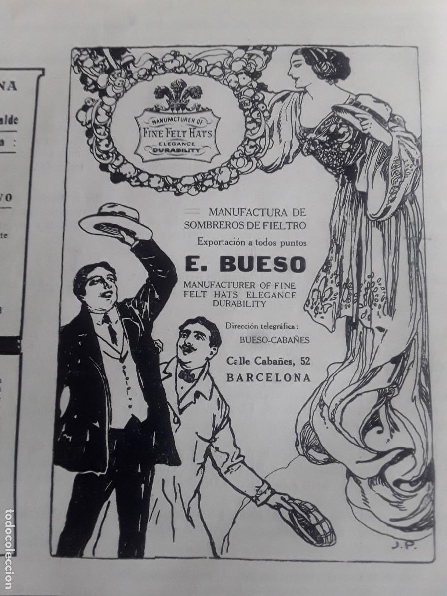 Colecionismo de cartazes: MANUFACTURAR DE SOMBREROS DE FIELTRO E.BUESO BARCELONA HOJA A&Ntilde;O 1914