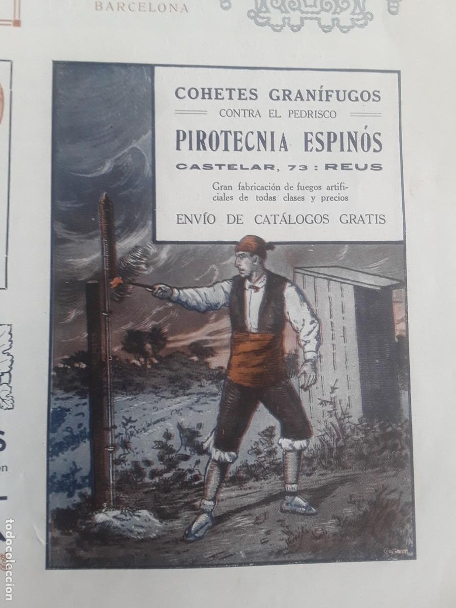 Coleccionismo de carteles: COHETES GRANIFUGOS CONTRA EL PEDRISCO PIROTECNICA ESPINOS FUEGOS ARTIFICIALES REUS HOJA A&Ntilde;O 1914
