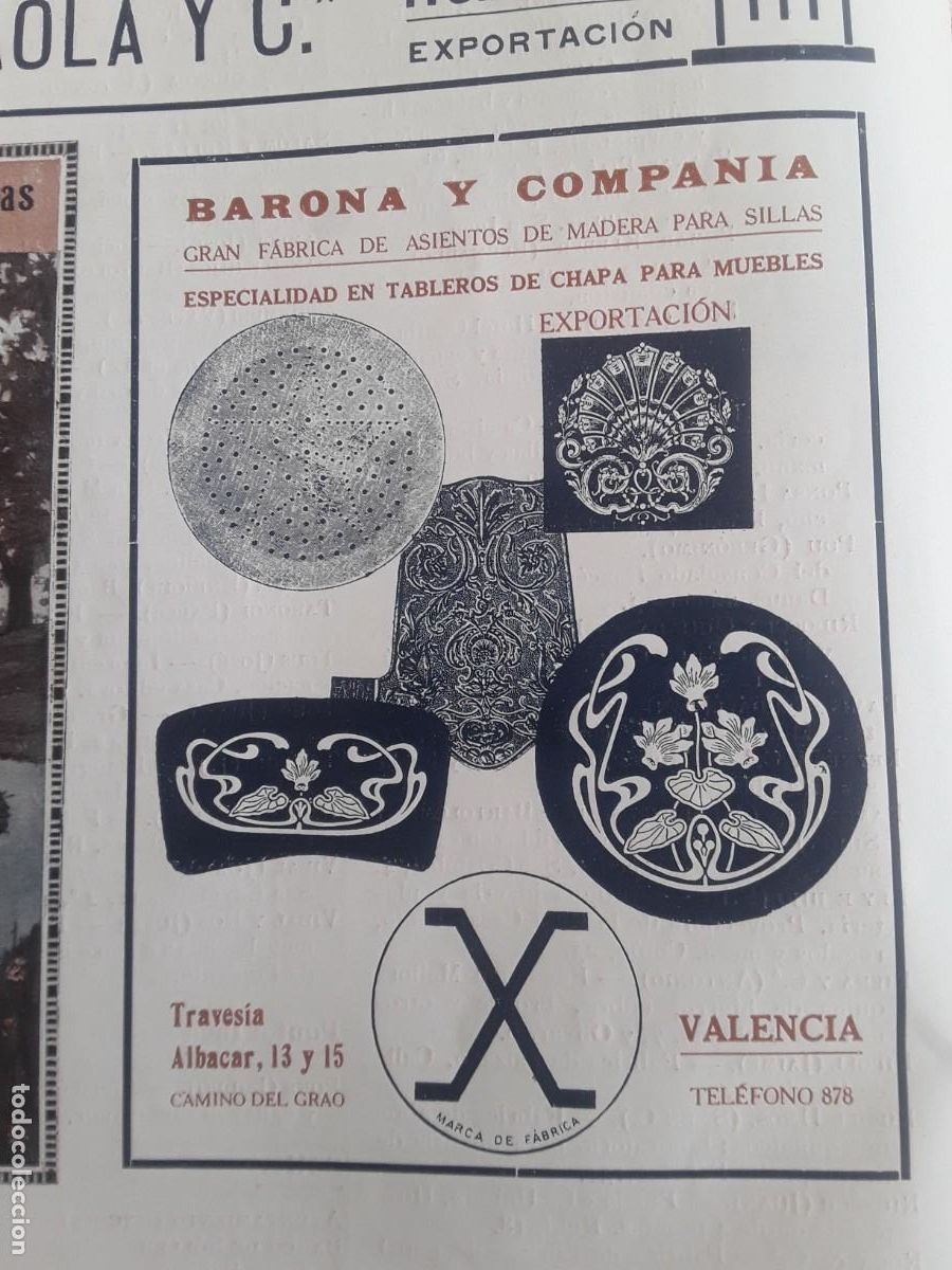 Coleccionismo de carteles: GRAN FABRICA DE ASIENTOS DE MADERA PARA SILLAS BARONA Y C* VALENCIA TABLEROS CHAPA HOJA A&Ntilde;O 1914