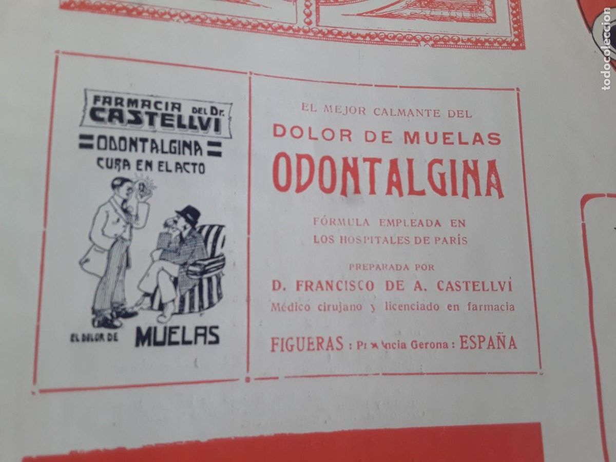 Coleccionismo de carteles: FARMACIA DEL DR: CASTELVI CALMANTE DE MUELAS ODONTALGINA FIGUERES MUELAS HOJA A&Ntilde;O 1914