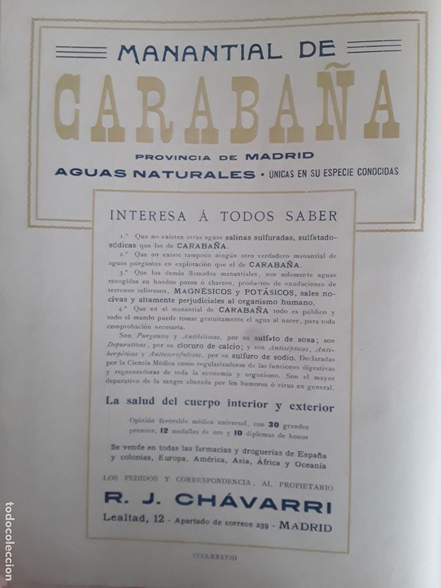 Collezionismo di affissi: MANANTIAL DE CARABA&Ntilde;A AGUAS NATURALES PROPIETARIO R.J.CHAVARRI FACRMACIAS HOJA A&Ntilde;O 1908