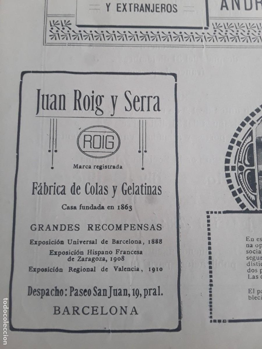 Collezionismo di affissi: FABRICAS DE COLAS Y GELATINAS JUAN ROIG Y SERRA BARCELONA HOJA A&Ntilde;O 1908