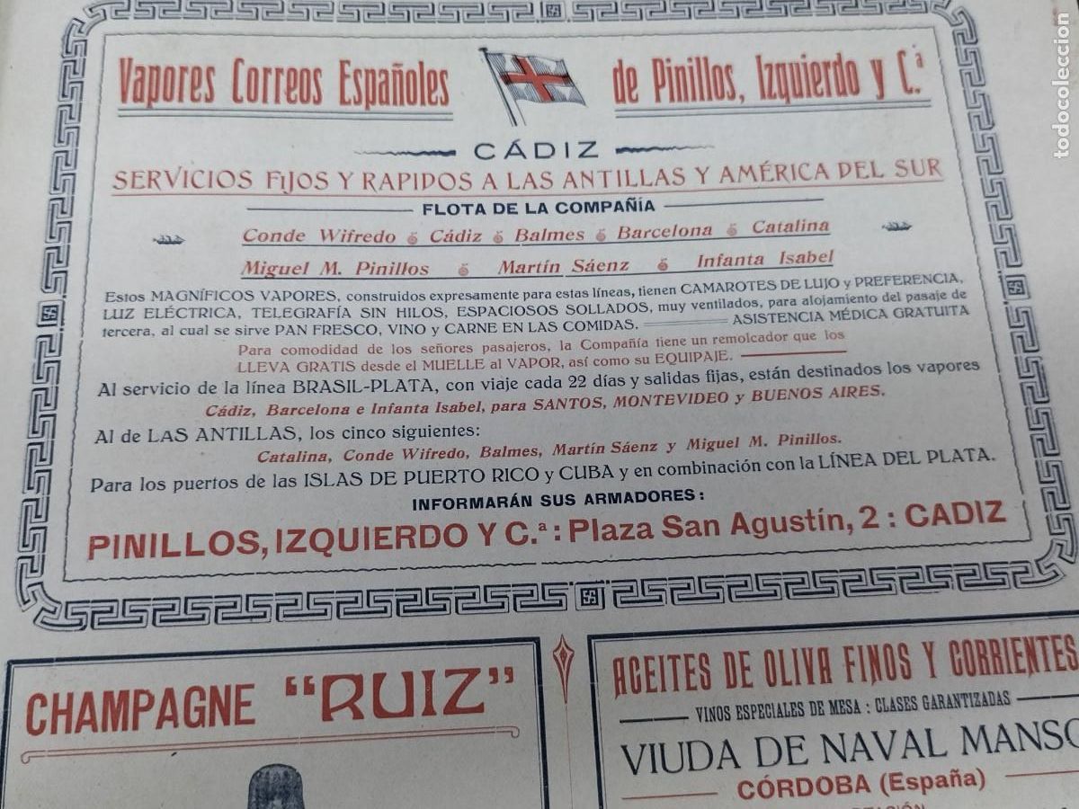 Colecionismo de cartazes: VAPORES CORREOS ESPA&Ntilde;OLES DE PINILLOS ,IZQUIERDO Y C&ordf; CADIZ ANTILLAS AMERICA DEL SUR HOJA A&Ntilde;O 1919
