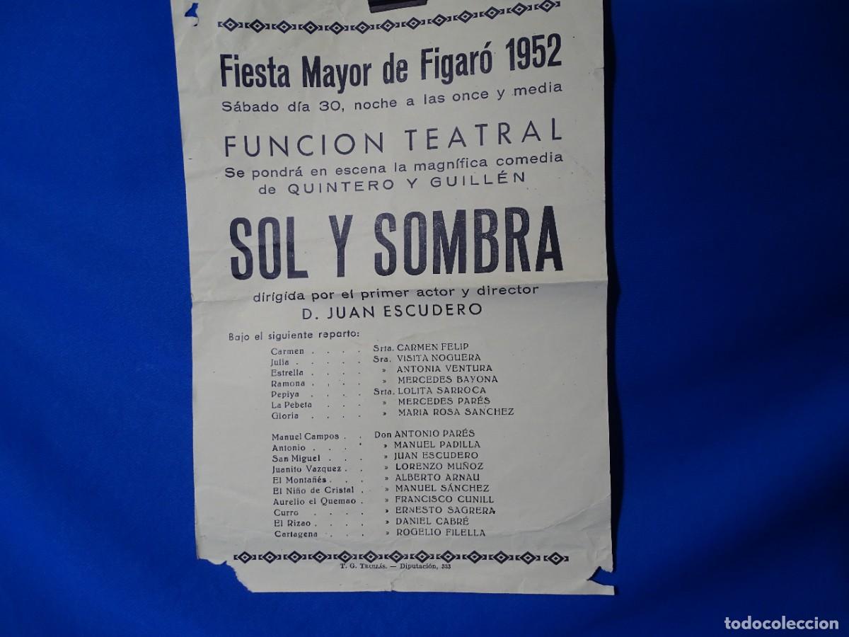 Coleccionismo de carteles: CARTEL FIESTA MAYOR DE FIGAR&Oacute; 1952. FUNCI&Oacute;N TEATRAL SOL Y SOMBRA. 29X42CM