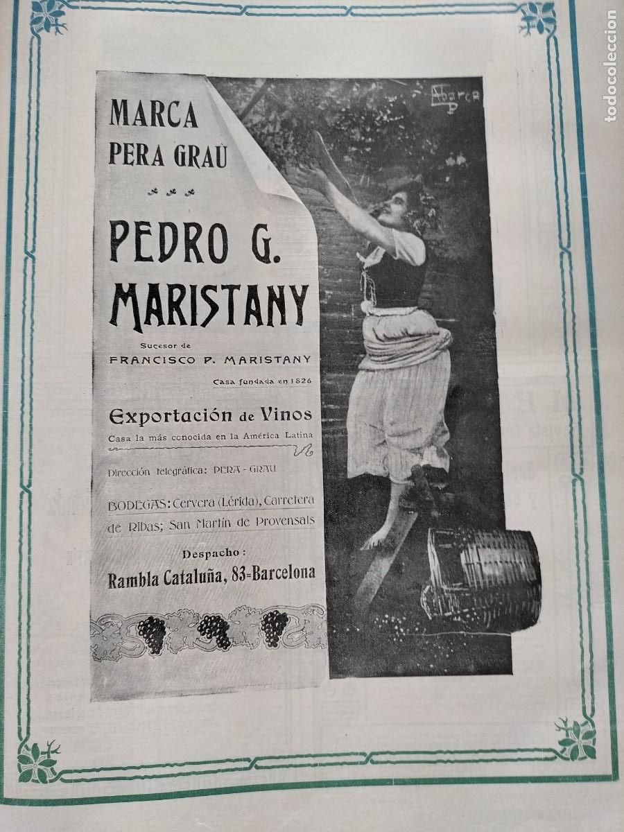 Collezionismo di affissi: PEDRO G.MARISTANY MARCA PERA GRAU SUCESOR FRANCISCO MARISTANY BARCELONA VINOS HOJA A&Ntilde;O 1906