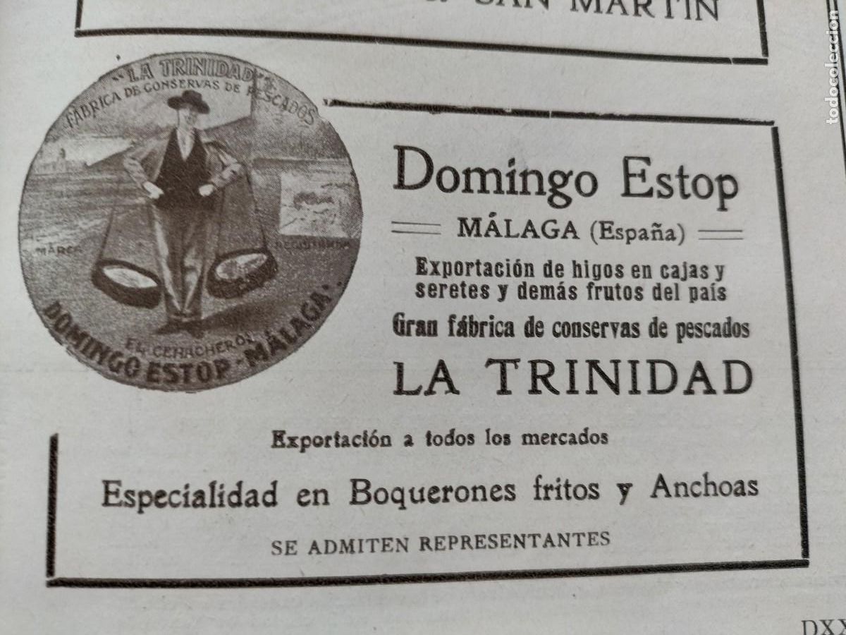 Collezionismo di affissi: FABRICA DE CONSERVAS DE PESCADOS LA TRINIDAD DOMINGO ESTOP MALAGA HOJA REVISTA A&Ntilde;O 1908