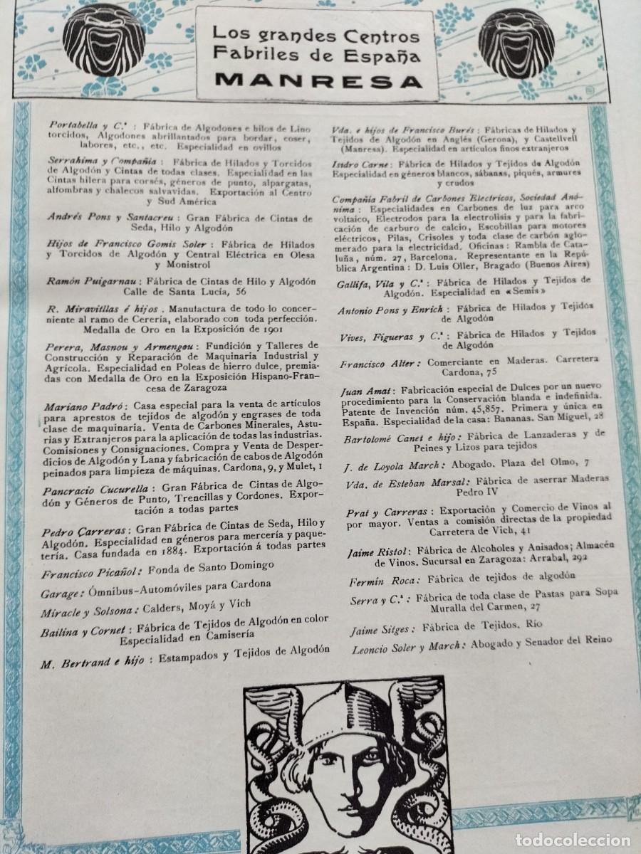 Collezionismo di affissi: LOS GRANDES CENTROS FABRILES DE MANRESA FABRICAS NEGOCIOS HOJA REVISTA A&Ntilde;O 1908