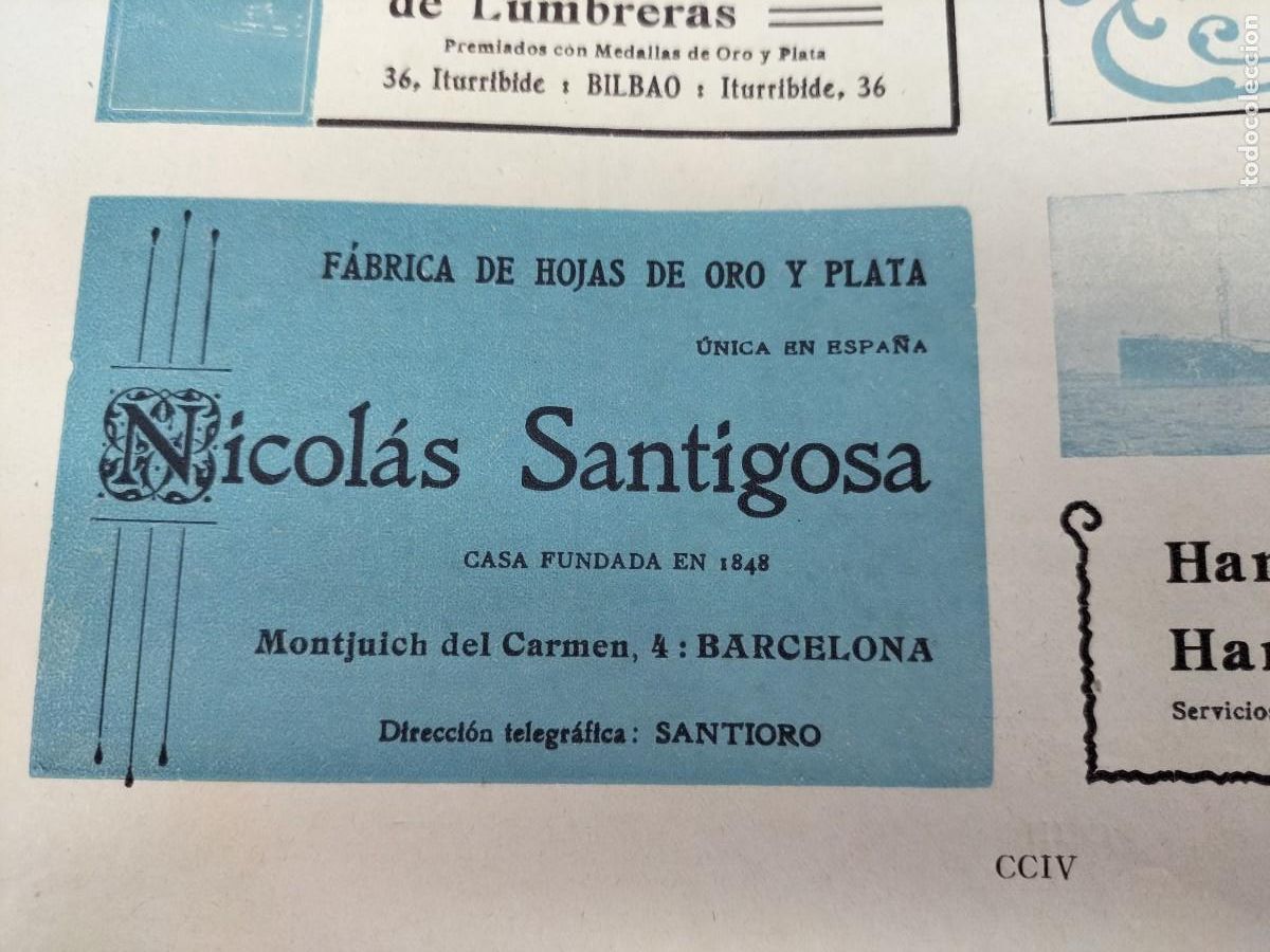 Collezionismo di affissi: FABRICA DE HOJAS DE ORO Y PLATA NICOLAS SANTIGOSA BARCELONA HOJA REVISTA A&Ntilde;O 1908
