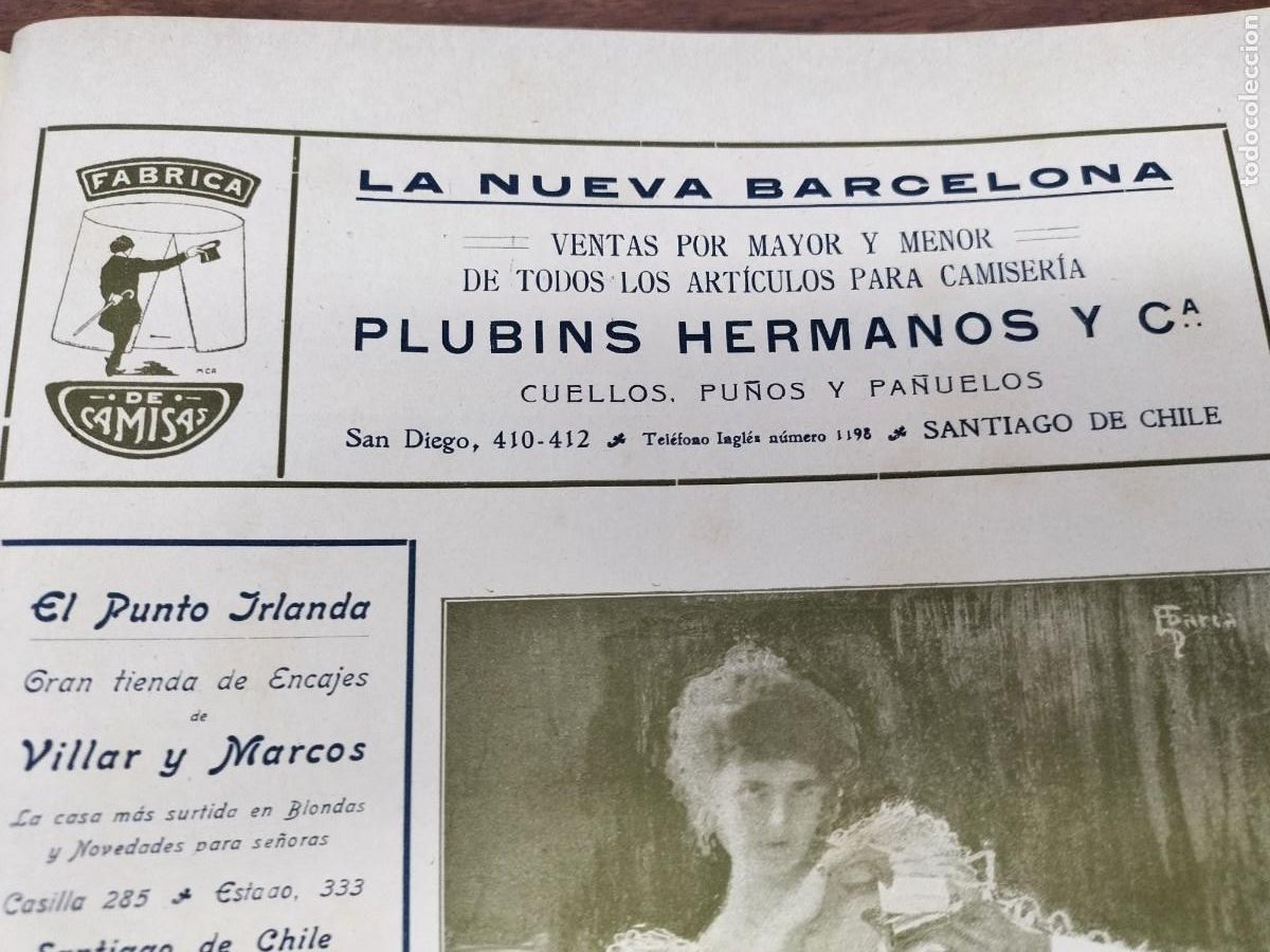 Collezionismo di affissi: PLUBINS HERMANOS Y C&ordf; LA NUEVA BARCELONESA FABRICA CAMISAS SANTIAGO CHILE HOJA REVISTA A&Ntilde;O 1908