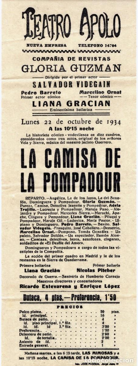 Coleccionismo de carteles: PROGRAMA DE TEATRO APOLO - 22 DE OCTUBRE DE 1934 - Foto 1