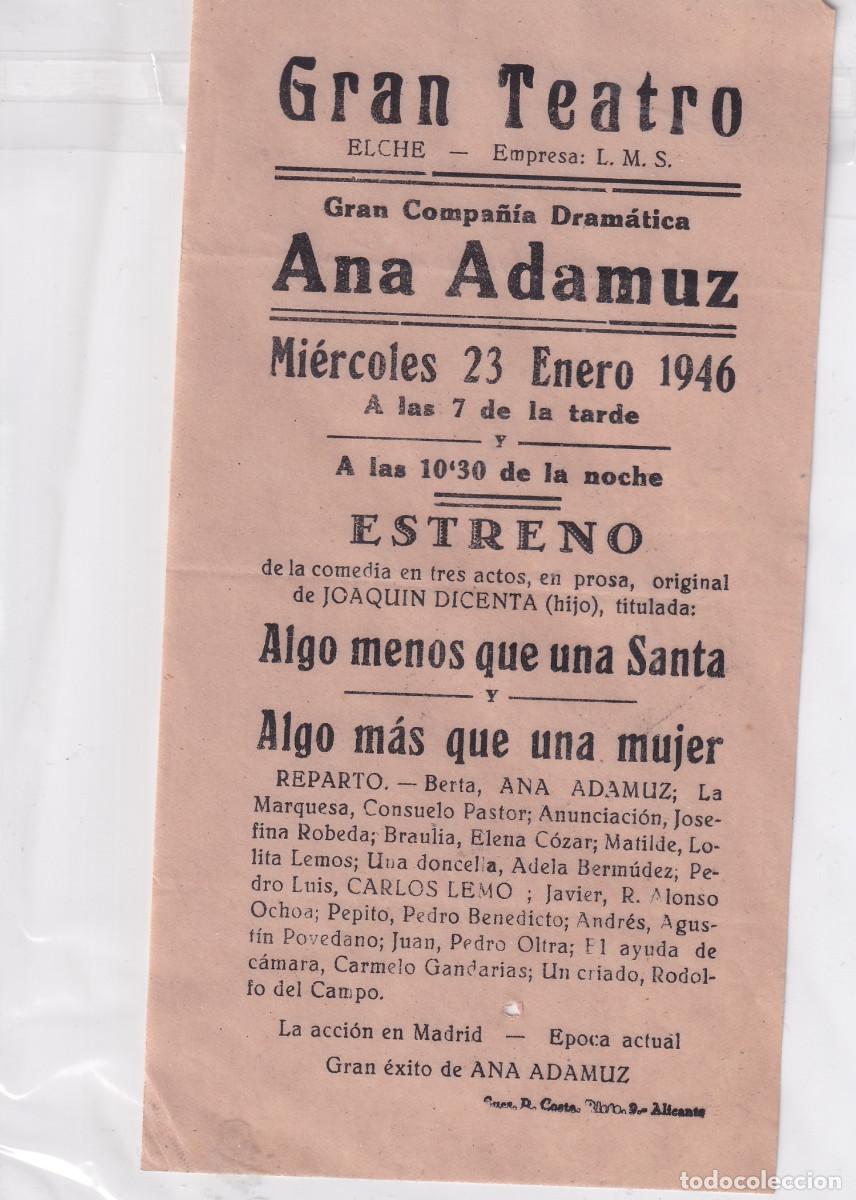 Coleccionismo de carteles: GRAN TEATRO ELCHE.- COMPA&Ntilde;IA DRAMATICA ANA ADAMUZ. - Foto 1