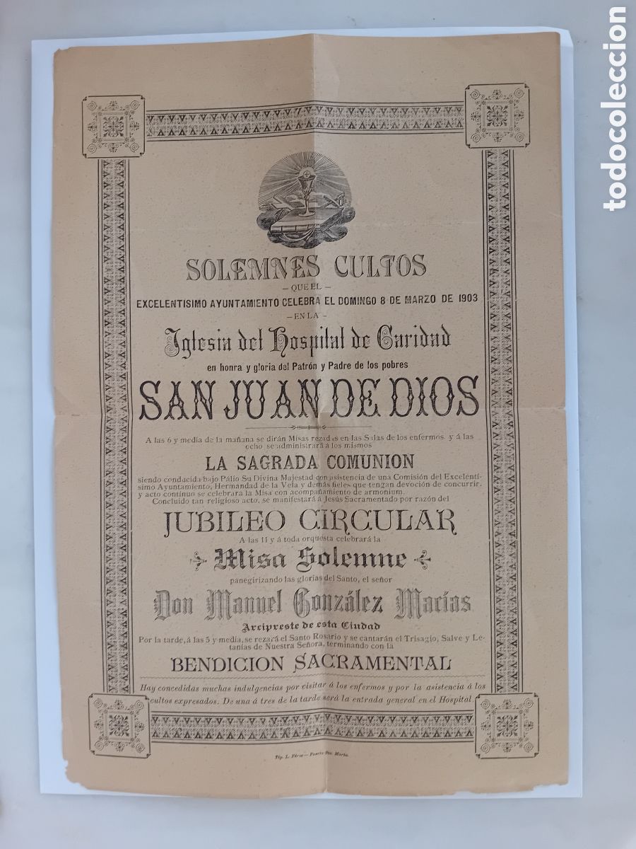 Sammeln von Plakaten: cartel solemnes cultos iglesia hospital de caridad San juan de Dios patron de los pobres a&ntilde;o 1903