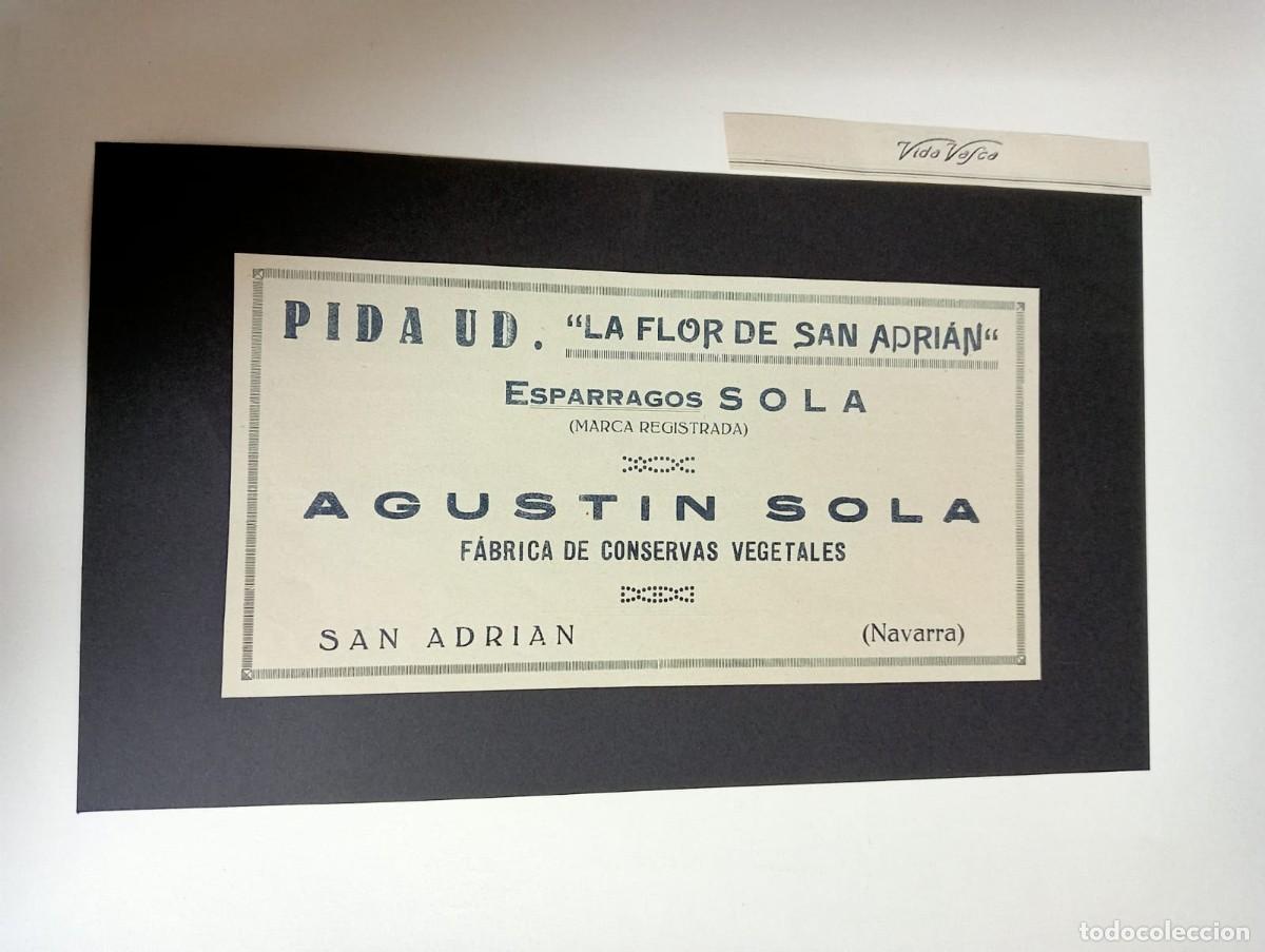 Coleccionismo de carteles: SAN ADRI&Aacute;N (NAVARRA) - AGUST&Iacute;N SOLA - CONSERVAS VEGETALES - PUBLICIDAD ORIGINAL 1928 / VIDA VASCA
