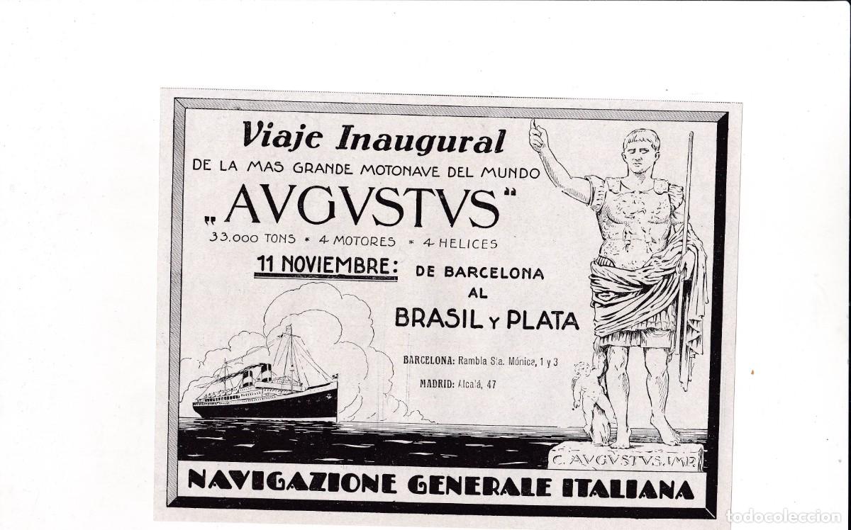 Sammeln von Plakaten: &rdquo;AUGUSTUS&rdquo; - NAVIGAZIONE GENERALE ITALIANA - PUBLICIDAD ORIGINAL 1927 / LA ESFERA - 15x20 cm.