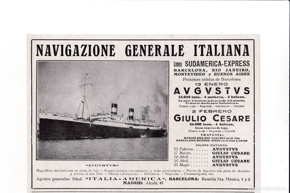 Sammeln von Plakaten: AUGUSTUS - NAVIGAZIONE GENERALE ITALIANA - PUBLICIDAD ORIGINAL 1927 / LA ESFERA - 15x22 cm.