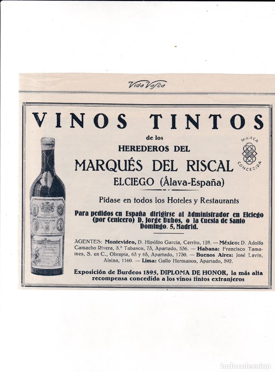 Sammeln von Plakaten: ELCIEGO (&Aacute;LAVA) - VINOS MARQU&Eacute;S DEL RISCAL - PUBLICIDAD ORIGINAL 1928 / VIDA VASCA - 14x19 cm.