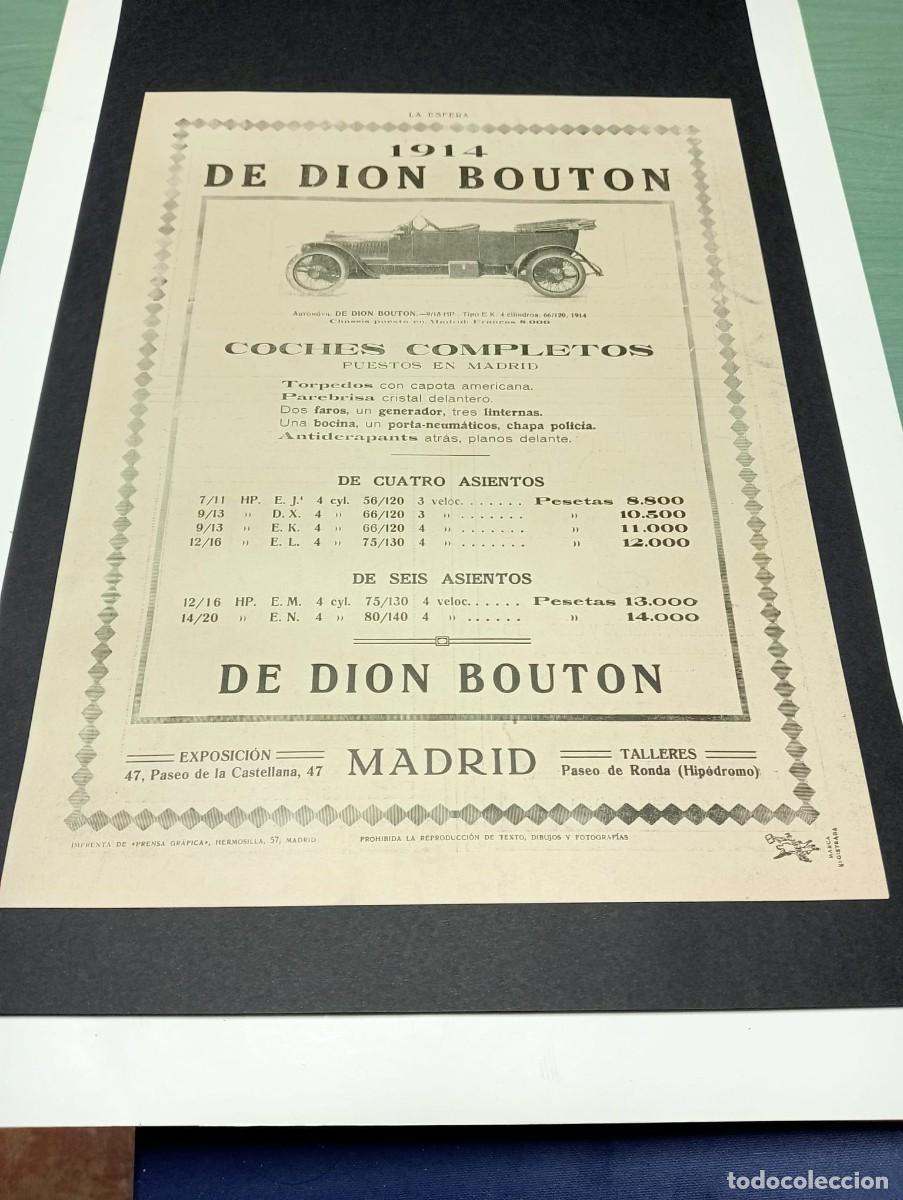 Sammeln von Plakaten: AUTOM&Oacute;VIL DE DION BOUTON - 9/13 HP 4 CILINDROS - PUBLICIDAD ORIGINAL 1914 / LA ESFERA - 25x34 cm.