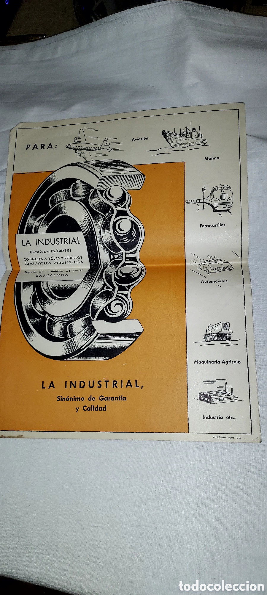 Poster collecting: CARTEL PUBLICITARIO LA INDUSTRIAL.COJINETES A BOLA Y RODILLOS SUMINISTROS INDUSTRIALES.BARCELONA IMP