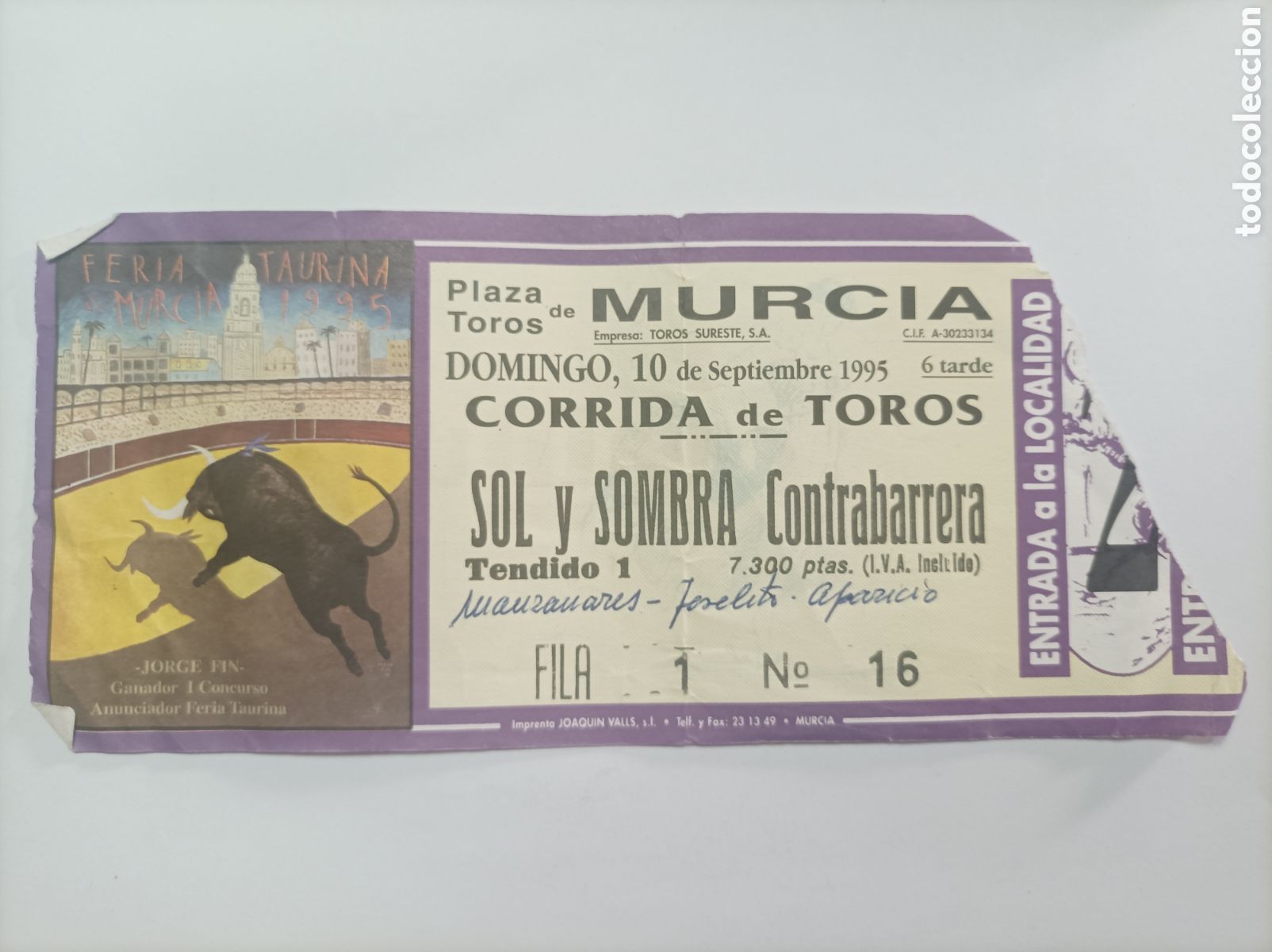 Coleccionismo de carteles: ENTRADA TOROS MURCIA 1995. - Foto 1