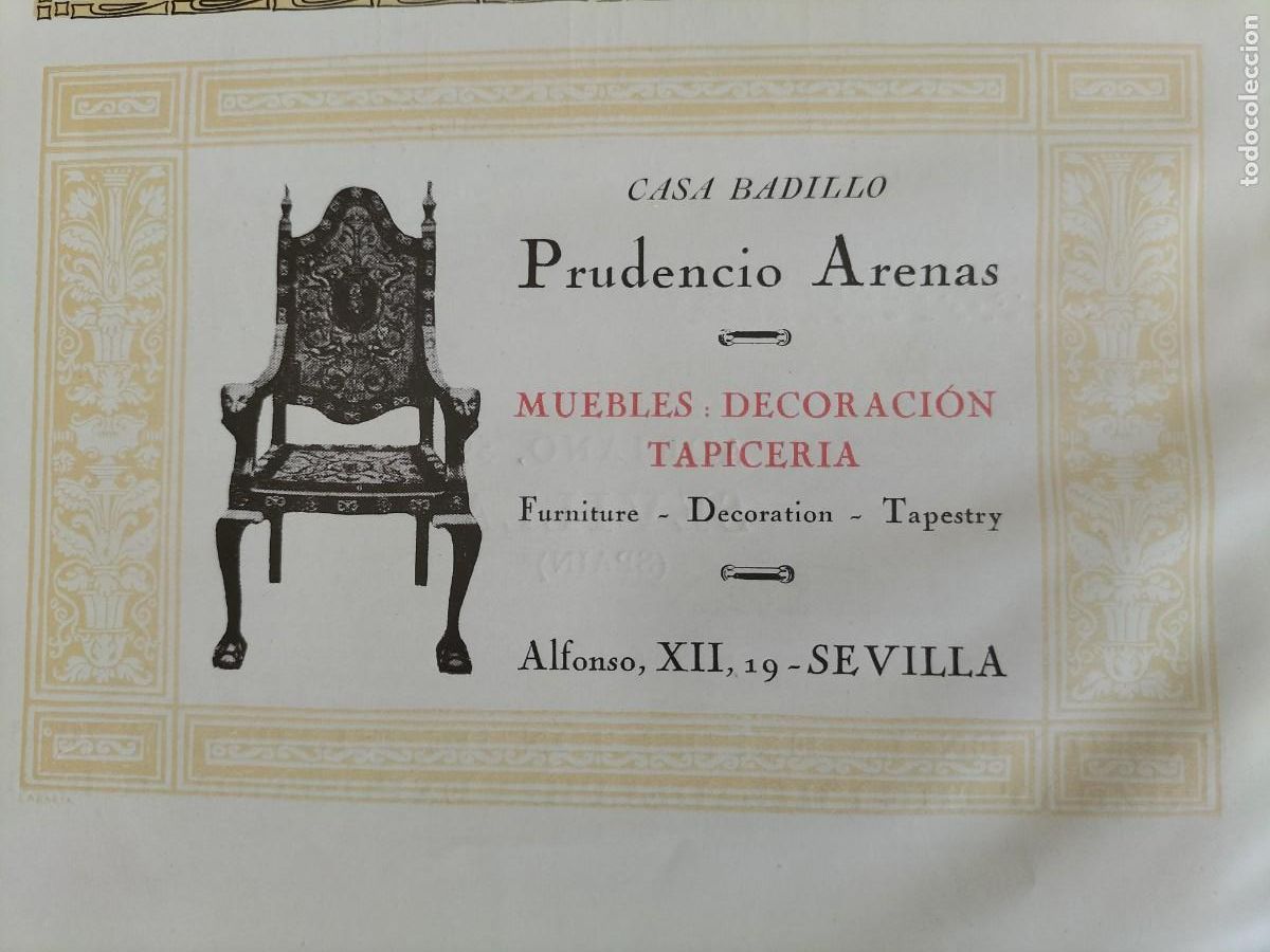 Sammeln von Plakaten: CASA BADILLO PRUDENCIO ARENAS MUEBLES DECORACION TAPICERIA SEVILLA HOJA A&Ntilde;O 1927