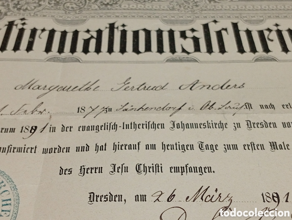 Coleccionismo de carteles: Diploma confirmaci&oacute;n de Margarithe Gertrud Anders, Dresden 1891 - Foto 2