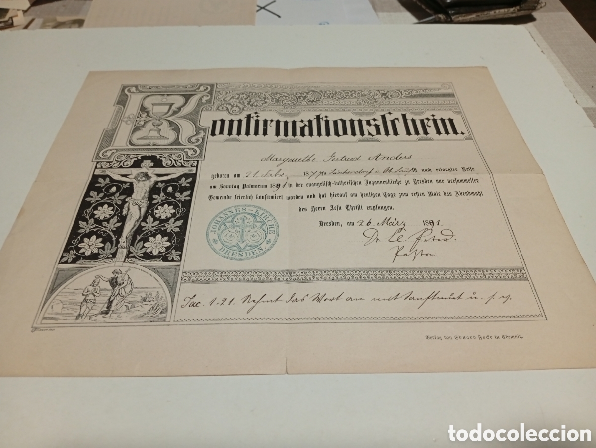 Coleccionismo de carteles: Diploma confirmaci&oacute;n de Margarithe Gertrud Anders, Dresden 1891 - Foto 1