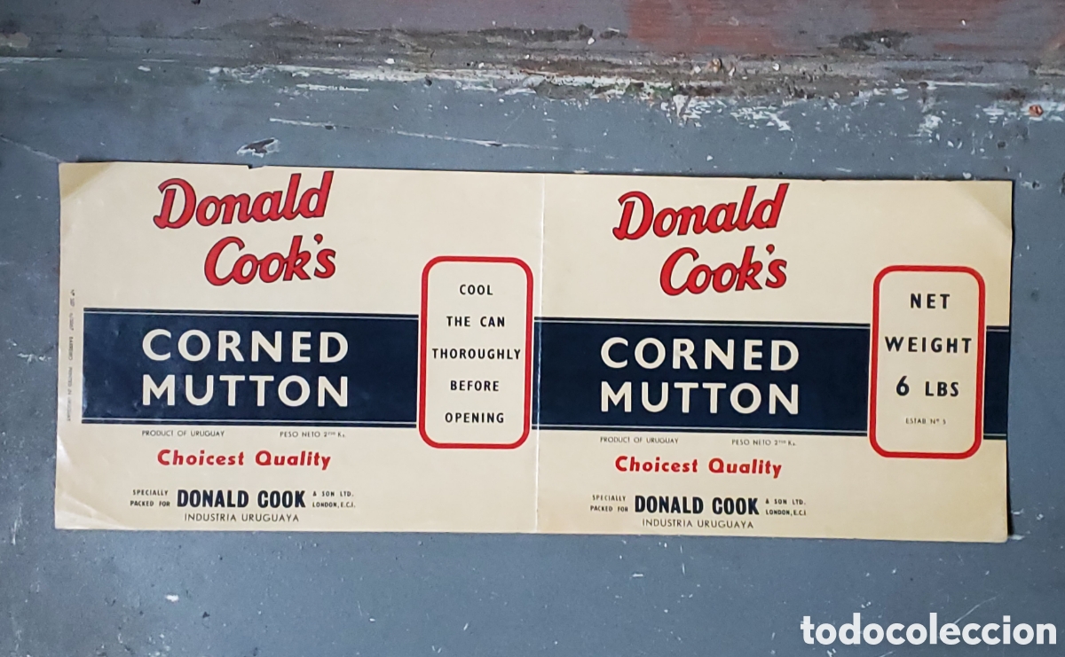 Poster collecting: Etiqueta 2da Guerra Mundial Lata Corned Mutton Donald Cook's