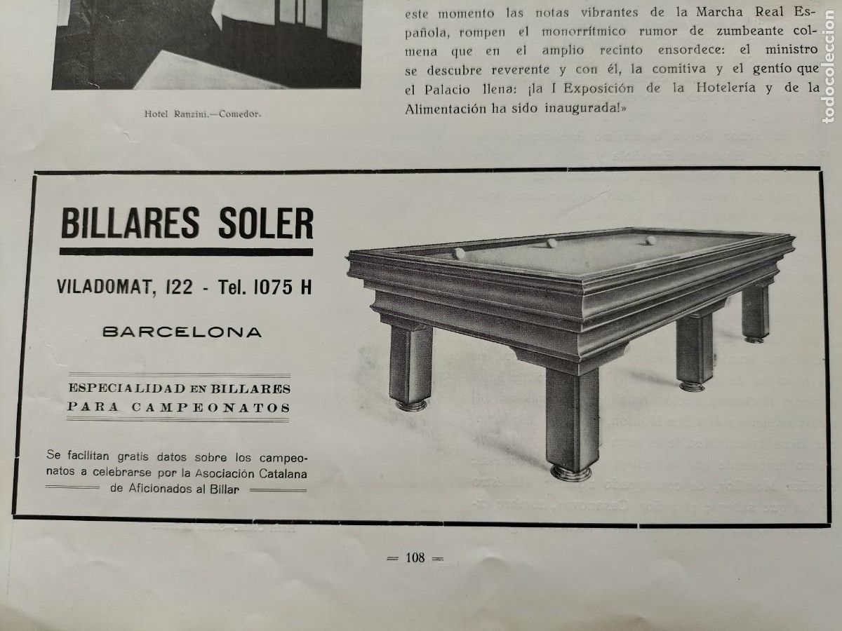 Sammeln von Plakaten: BILLARES SOLER BARCELONA ESPECIALIDAD EN BILLARES PARA CAMPEONATOS HOJA A&Ntilde;O 1926