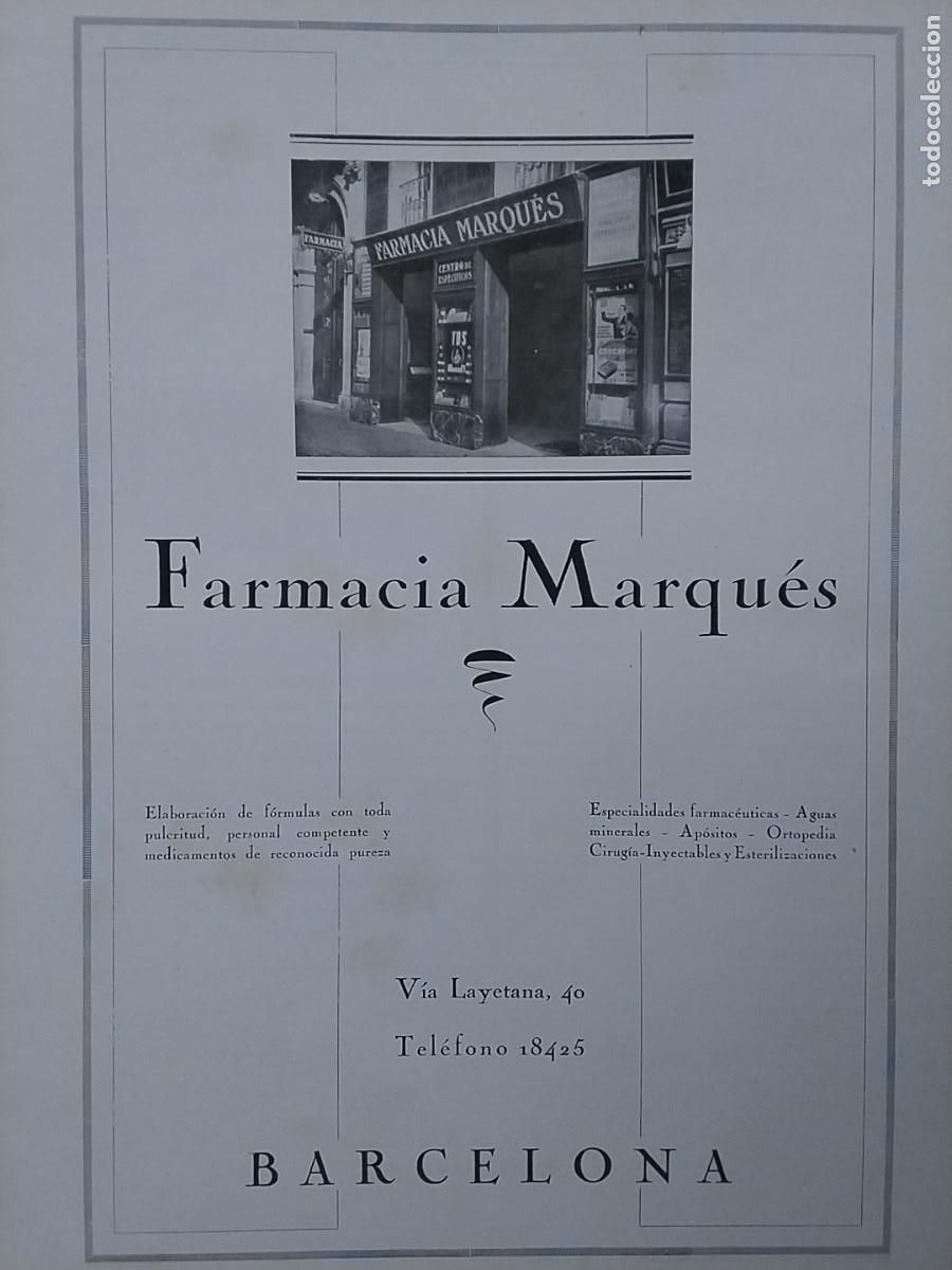 Poster collecting: FARMACIA MARQUES VIA LAYETANA 40 FORMULAS AGUAS MINERALES BARCELONA HOJA A&Ntilde;O 1929