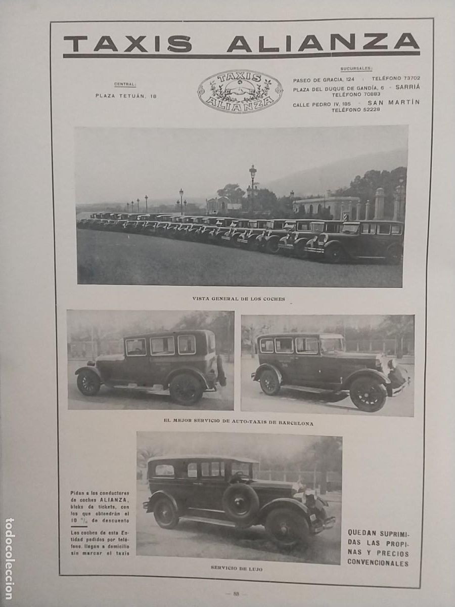 Poster collecting: TAXIS ALIANZA AUTO TAXIS SERVICIO DE LUJO SUPRIMIDAS LAS PROPINAS BARCELONA HOJA REVISTA A&Ntilde;O 1928