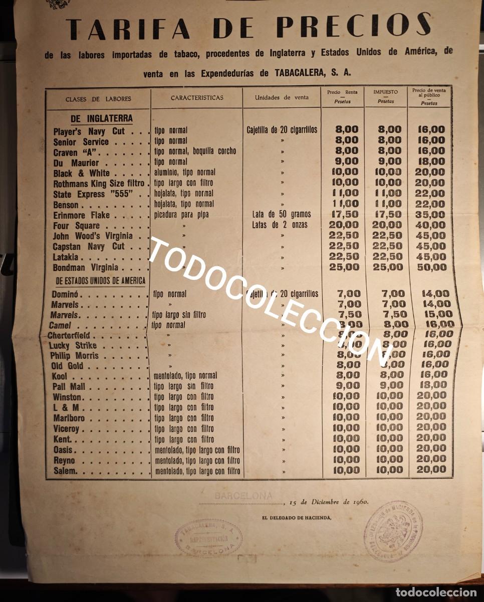 Coleccionismo de carteles: TABACALERA S.A - TARIFA DE PRECIOS - Foto 1