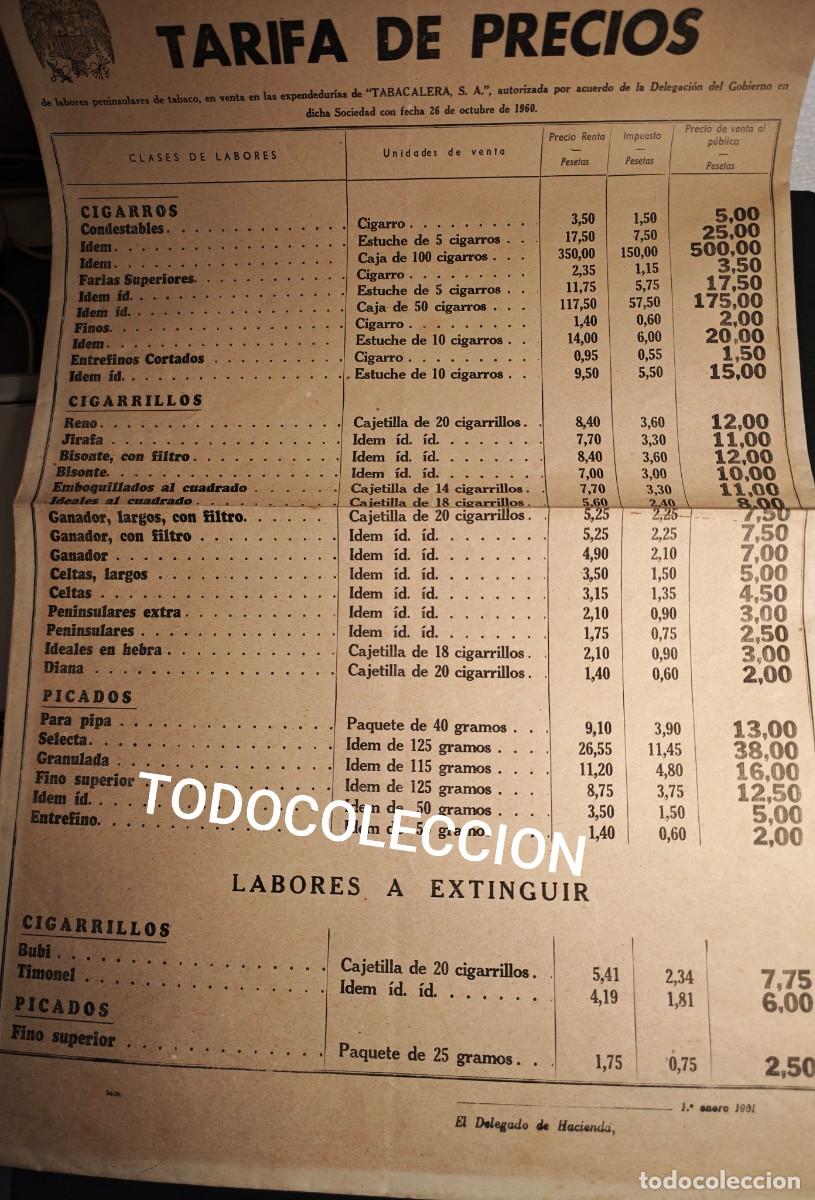 Coleccionismo de carteles: TABACALERA S.A - TARIFA DE PRECIOS - Foto 1