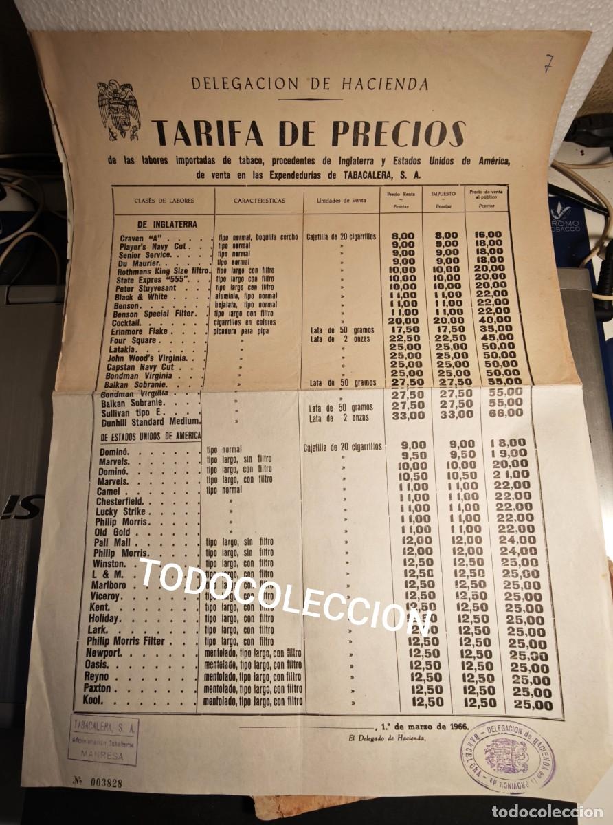 Coleccionismo de carteles: TABACALERA S.A - TARIFA DE PRECIOS - Foto 1