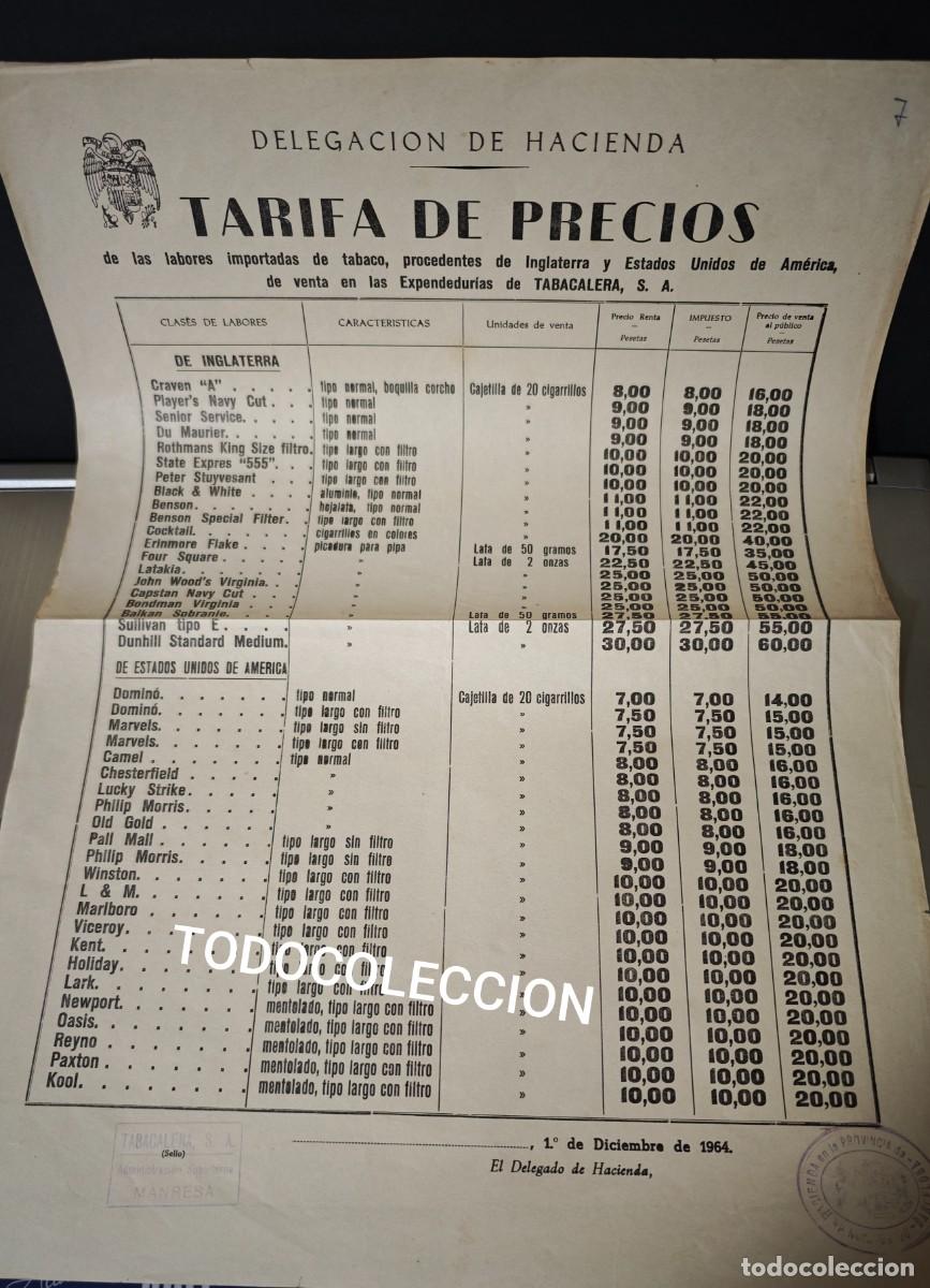 Coleccionismo de carteles: TABACALERA S.A - TARIFA DE PRECIOS - Foto 1