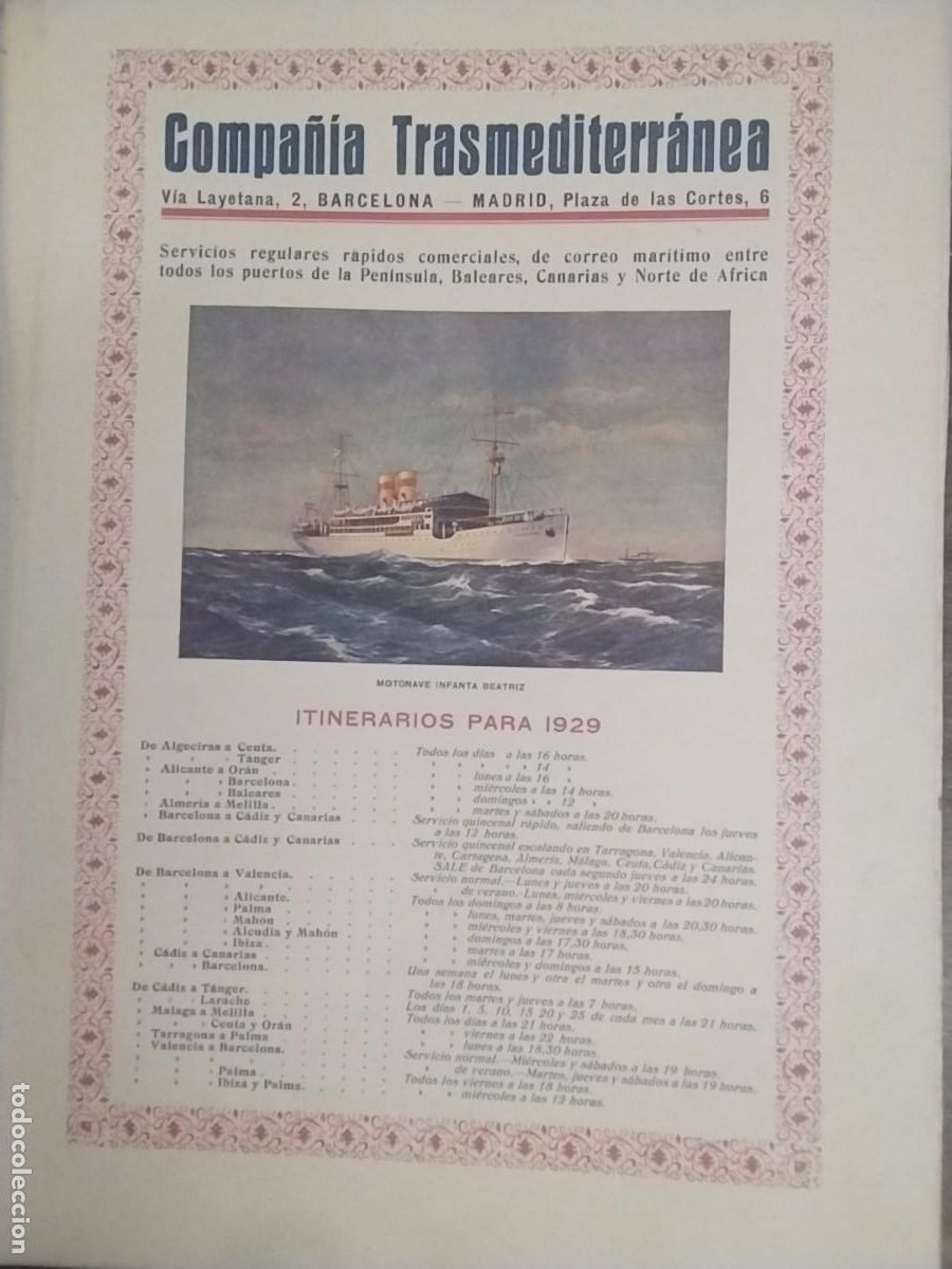 Poster collecting: COMPA&Ntilde;IA TRANSMEDITERRANEA ITINERARIOS PARA 1929 MOTONAVE INFANTA BEATRIZ HOJA REVISTA A&Ntilde;O 1928