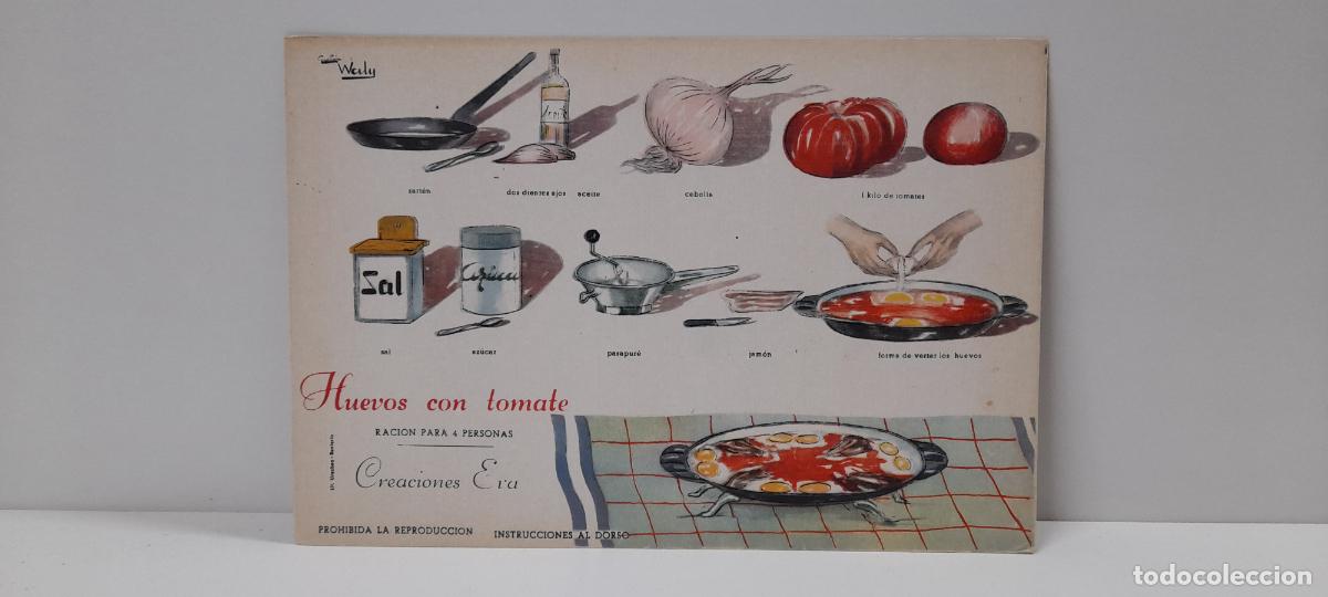 Poster collecting: ANTIGUA RECETA DE COCINA . HUEVOS CON TOMATE . CREACIONES EVA . ORIGINALES A&Ntilde;OS 50 / 60