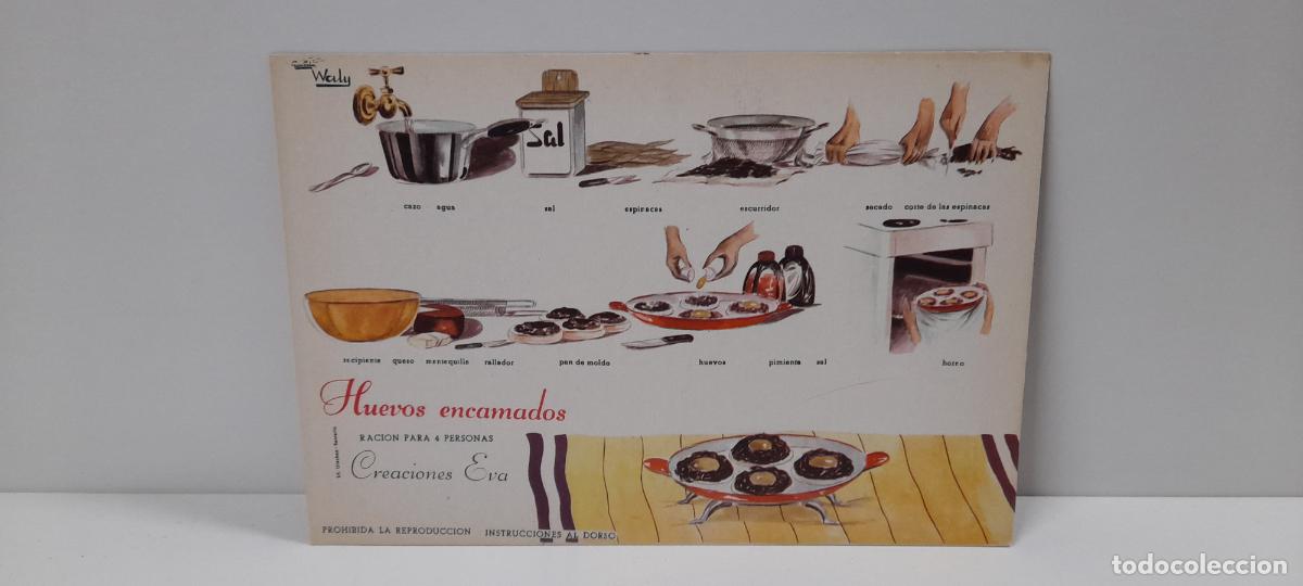 Poster collecting: ANTIGUA RECETA DE COCINA . HUEVOS ENCAMADOS . CREACIONES EVA . ORIGINALES A&Ntilde;OS 50 / 60