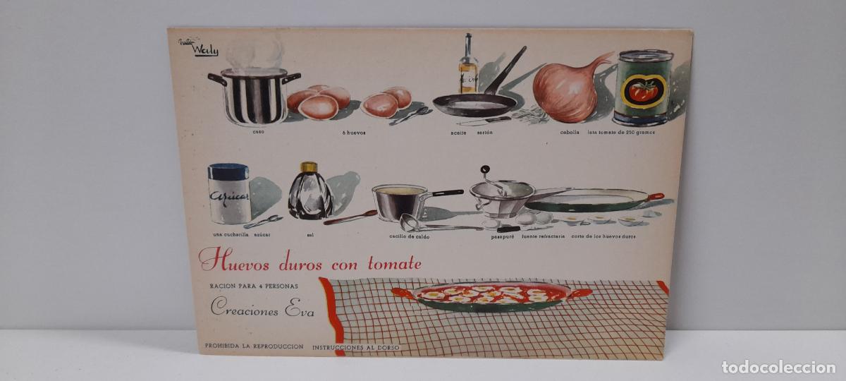 Poster collecting: ANTIGUA RECETA DE COCINA . HUEVOS DUROS CON TOMATE . CREACIONES EVA . ORIGINALES A&Ntilde;OS 50 / 60
