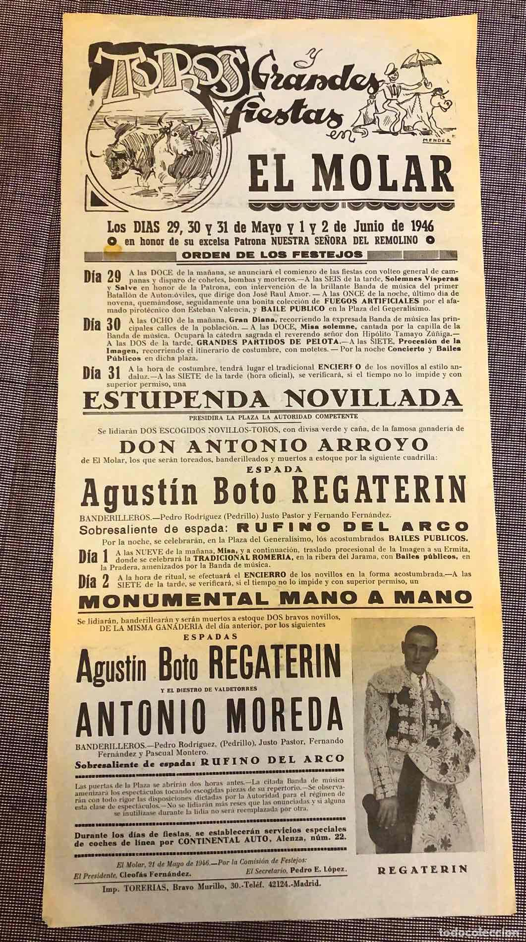 Colecionismo de cartazes: CARTEL TOROS Y GRANDES FIESTAS EN EL MOLAR. MADRID. 29, 30 Y 31 DE MAYO Y 1 Y 2 DE JUNIO DE 1946