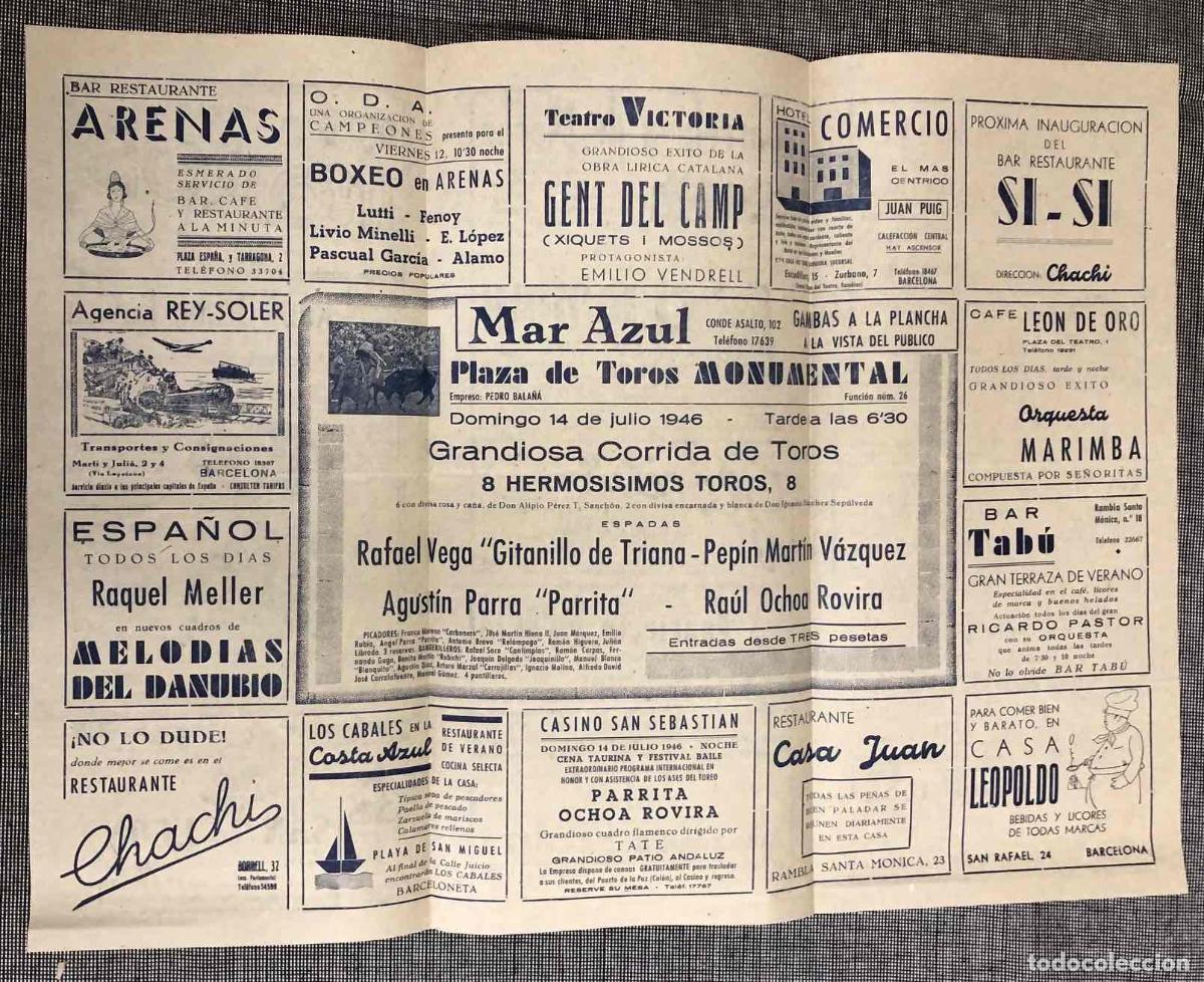 Coleccionismo de carteles: PROGRAMA SEMANAL TOROS BARCELONA. 14 DE JULIO 1946 - Foto 2