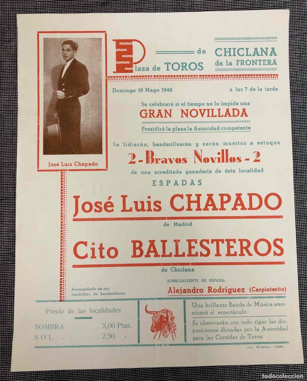 Colecionismo de cartazes: CARTEL PLAZA DE TOROS DE CHICLANA DE LA FRONTERA. 19 DE MAYO DE 1946