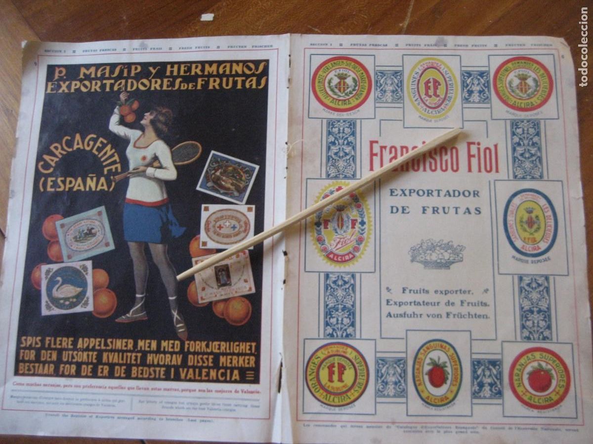 Coleccionismo de carteles: hoja revista publicidad exportador frutas Masip Carcagente , Fiol .. doble p&aacute;g a&ntilde;os 20