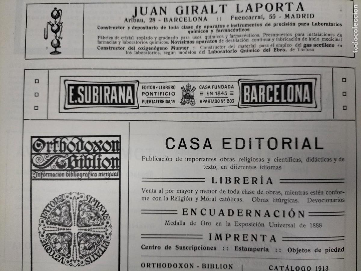 Collezionismo di affissi: E.SUBIRANA EDITOR Y LIBRERO PONTIFICIO BARCELONA HOJA REVISTA A&Ntilde;O 1914