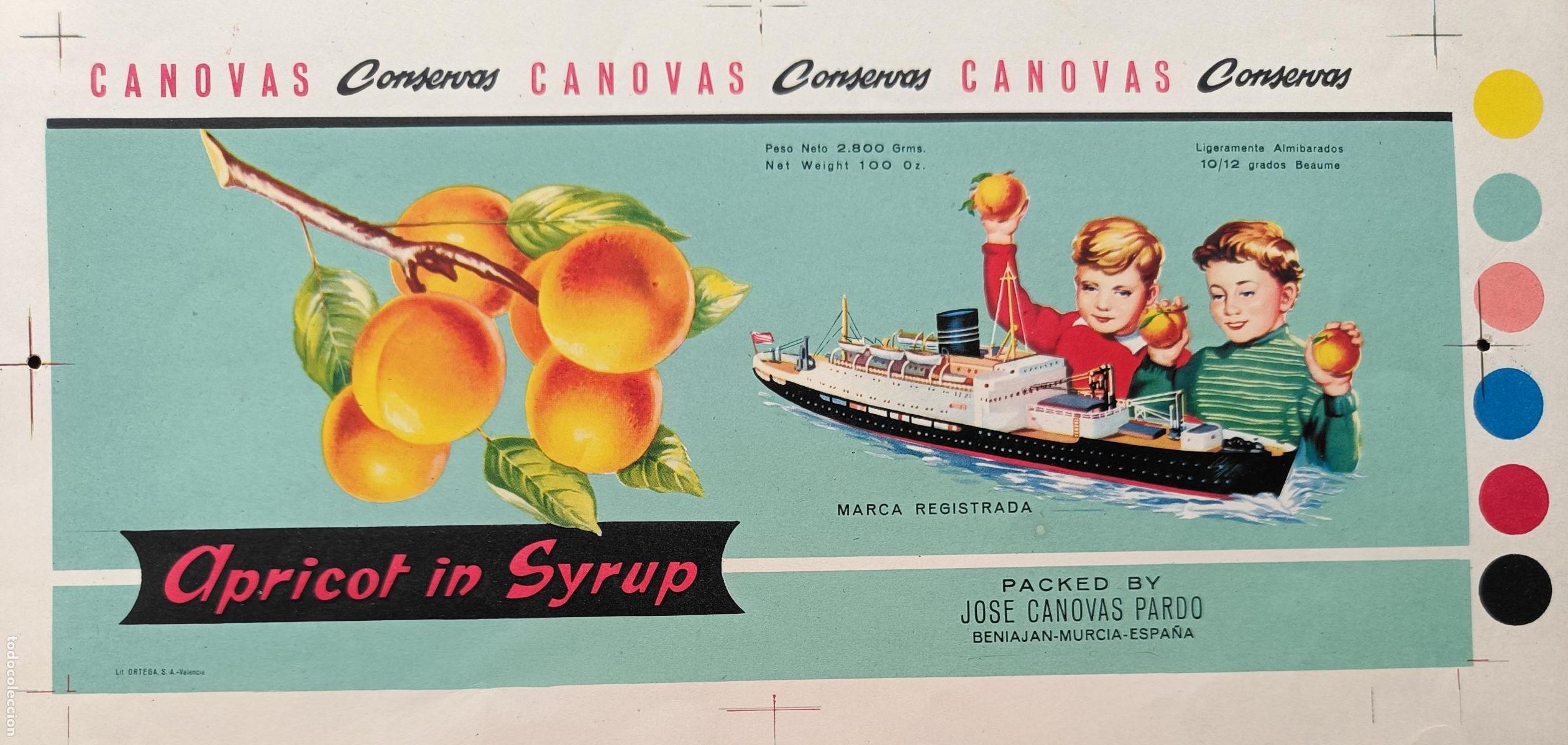 Collectionnisme d'affiches: CARTEL ITO ETIQUETA PRUEBA DE IMPRENTA MELOCOTONES CONSERVAS CANOVAS BENIAJAN MURCIA EP116